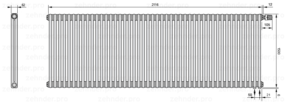 Схема (чертеж) Радиатор Zehnder Charleston 2150/46 №V002 Белый глянцевый RAL 9016